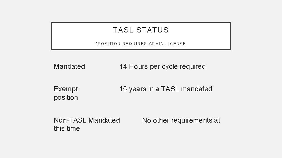 TASL STATUS *POSITION REQUIRES ADMIN LICENSE Mandated 14 Hours per cycle required Exempt position