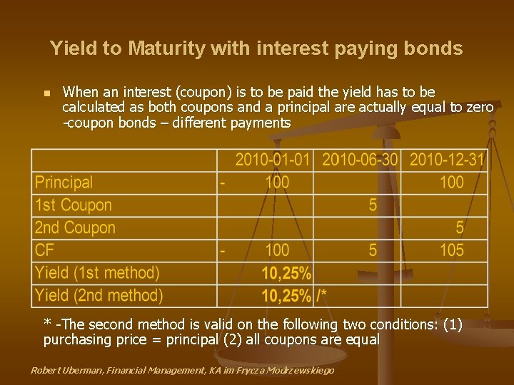 Yield to Maturity with interest paying bonds n When an interest (coupon) is to