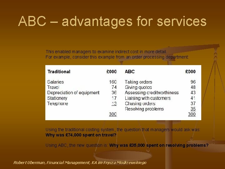 ABC – advantages for services This enabled managers to examine indirect cost in more