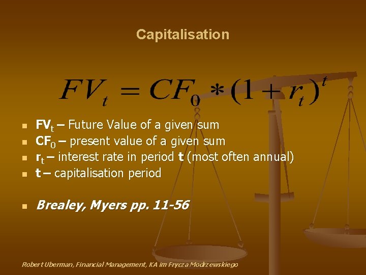 Capitalisation n FVt – Future Value of a given sum CF 0 – present