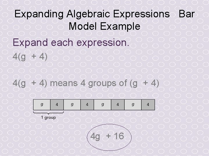 Expanding Algebraic Expressions Bar Model Example Expand each expression. 4(g + 4) means 4