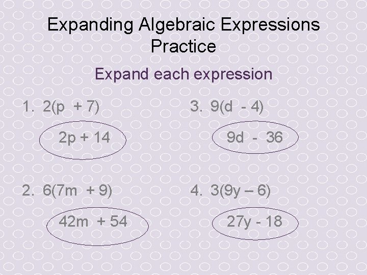 Expanding Algebraic Expressions Practice Expand each expression 1. 2(p + 7) 2 p +