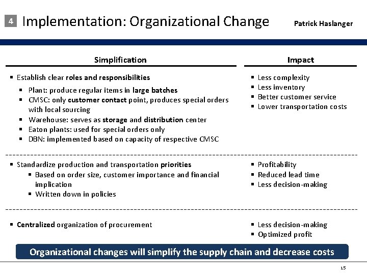 4 Implementation: Organizational Change Simplification § Establish clear roles and responsibilities § Plant: produce