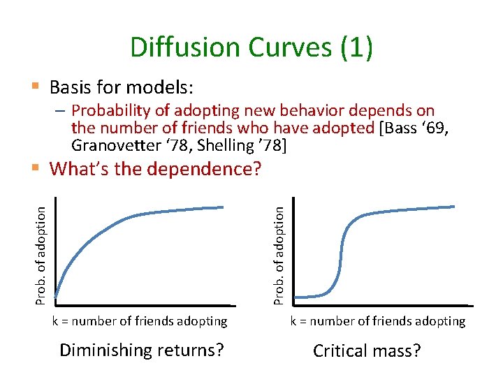 Diffusion Curves (1) § Basis for models: – Probability of adopting new behavior depends