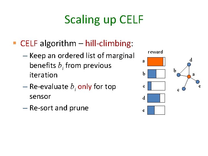 Scaling up CELF § CELF algorithm – hill-climbing: – Keep an ordered list of