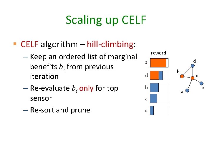 Scaling up CELF § CELF algorithm – hill-climbing: – Keep an ordered list of