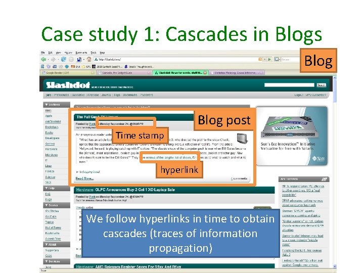 Case study 1: Cascades in Blogs Blog post Time stamp hyperlink We follow hyperlinks