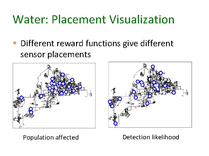 Water: Placement Visualization § Different reward functions give different sensor placements Population affected Detection