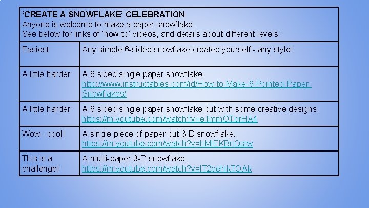 ‘CREATE A SNOWFLAKE’ CELEBRATION Anyone is welcome to make a paper snowflake. See below