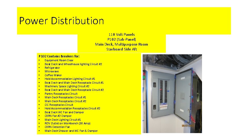 Power Distribution 110 Volt Panels P 102 (Sub-Panel) Main Deck, Multipurpose Room Starboard Side