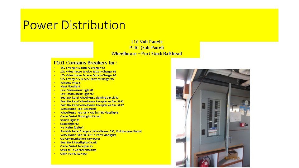 Power Distribution 110 Volt Panels P 101 (Sub-Panel) Wheelhouse – Port Stack Bulkhead P