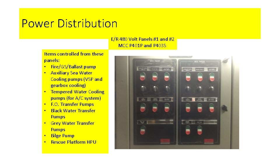 Power Distribution E/R 480 Volt Panels #1 and #2 MCC P 401 P and