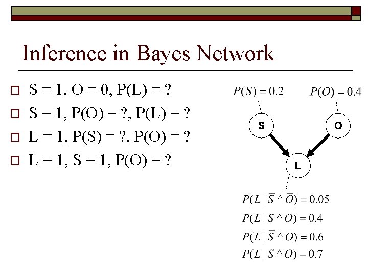 Inference in Bayes Network o o S = 1, O = 0, P(L) =