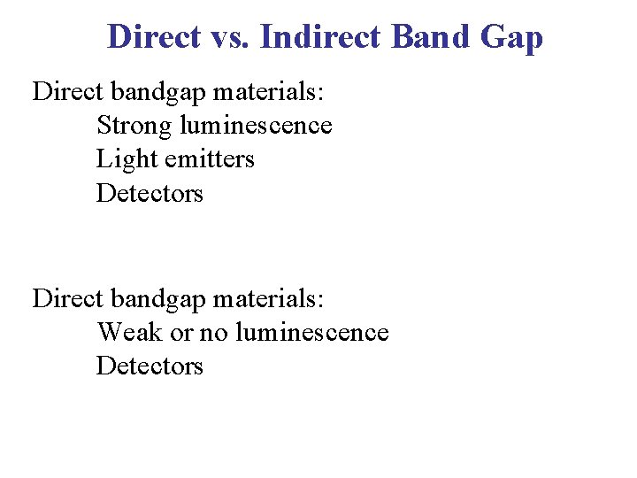 Direct vs. Indirect Band Gap Direct bandgap materials: Strong luminescence Light emitters Detectors Direct