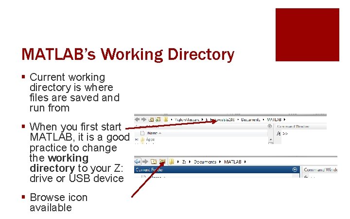 MATLAB’s Working Directory § Current working directory is where files are saved and run