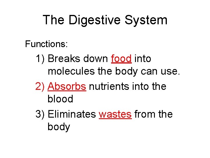 The Digestive System Functions: 1) Breaks down food into molecules the body can use.