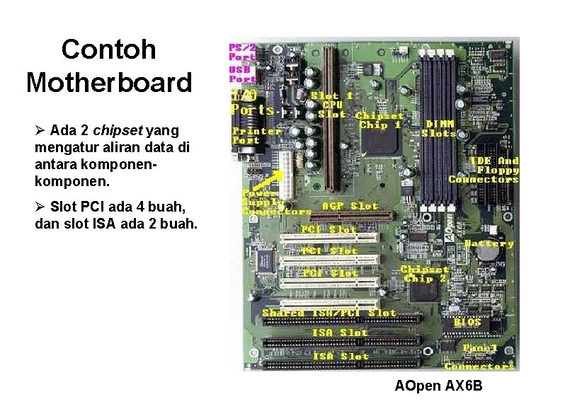 Contoh Motherboard Ø Ada 2 chipset yang mengatur aliran data di antara komponen. Ø