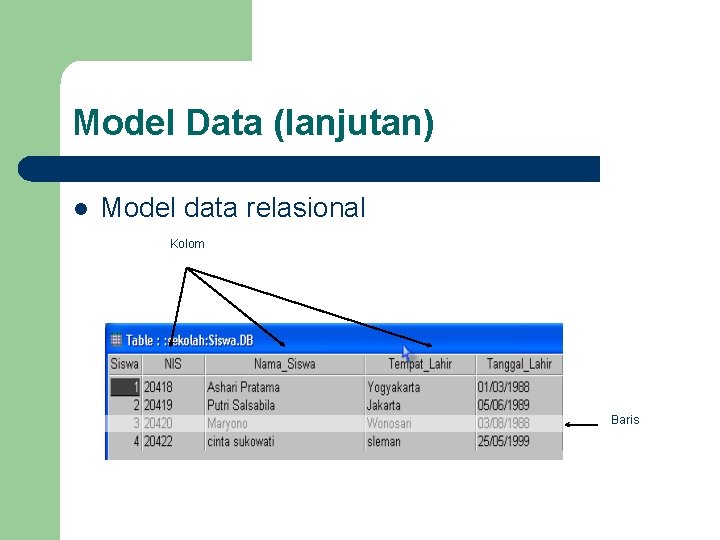 Model Data (lanjutan) l Model data relasional Kolom Baris 