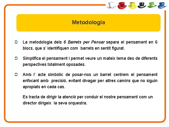 Metodologia Ü La metodologia dels 6 Barrets per Pensar separa el pensament en 6