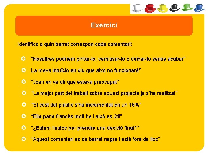 Exercici Identifica a quin barret correspon cada comentari: ✪ “Nosaltres podríem pintar-lo, vernissar-lo o