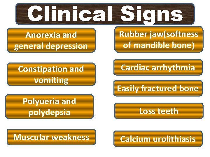 Clinical Signs Anorexia and general depression Rubber jaw(softness of mandible bone) Constipation and vomiting Clinical Signs Anorexia and general depression Rubber jaw(softness of mandible bone) Constipation and vomiting