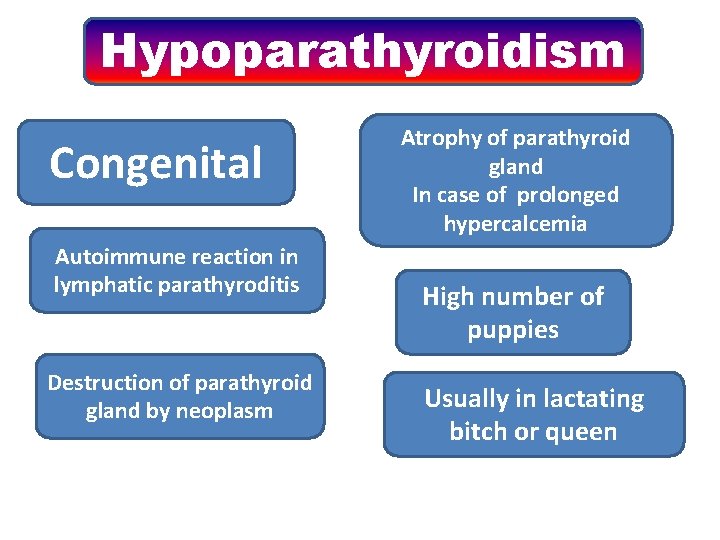 Hypoparathyroidism Congenital Autoimmune reaction in lymphatic parathyroditis Destruction of parathyroid gland by neoplasm Atrophy Hypoparathyroidism Congenital Autoimmune reaction in lymphatic parathyroditis Destruction of parathyroid gland by neoplasm Atrophy