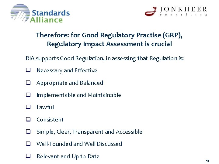 Therefore: for Good Regulatory Practise (GRP), Regulatory Impact Assessment is crucial RIA supports Good