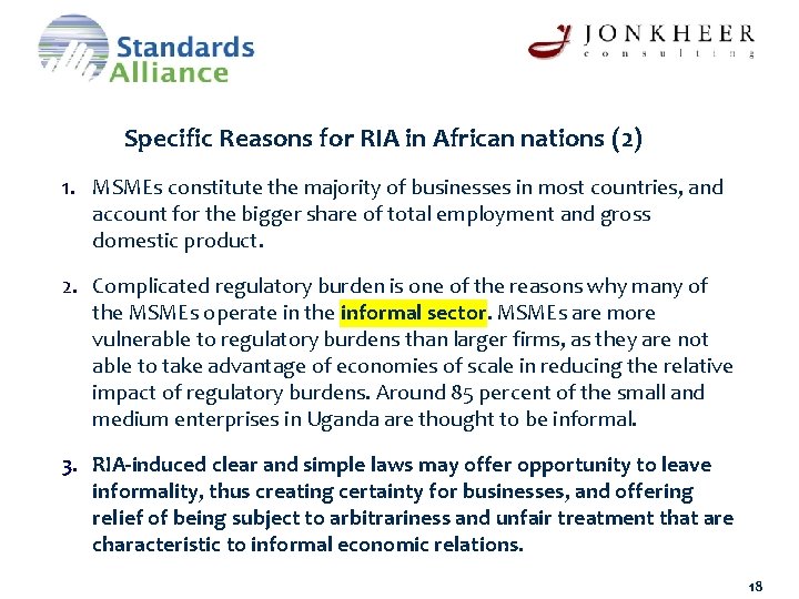 Specific Reasons for RIA in African nations (2) 1. MSMEs constitute the majority of
