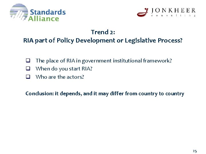 Trend 2: RIA part of Policy Development or Legislative Process? q The place of