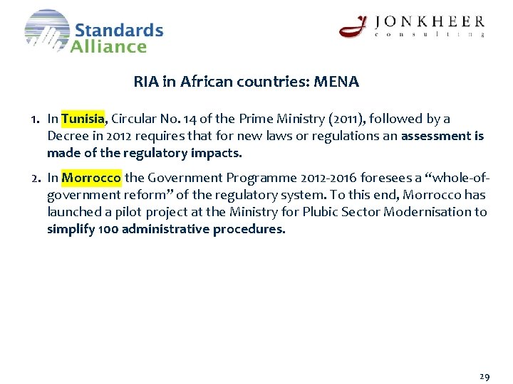 RIA in African countries: MENA 1. In Tunisia, Circular No. 14 of the Prime