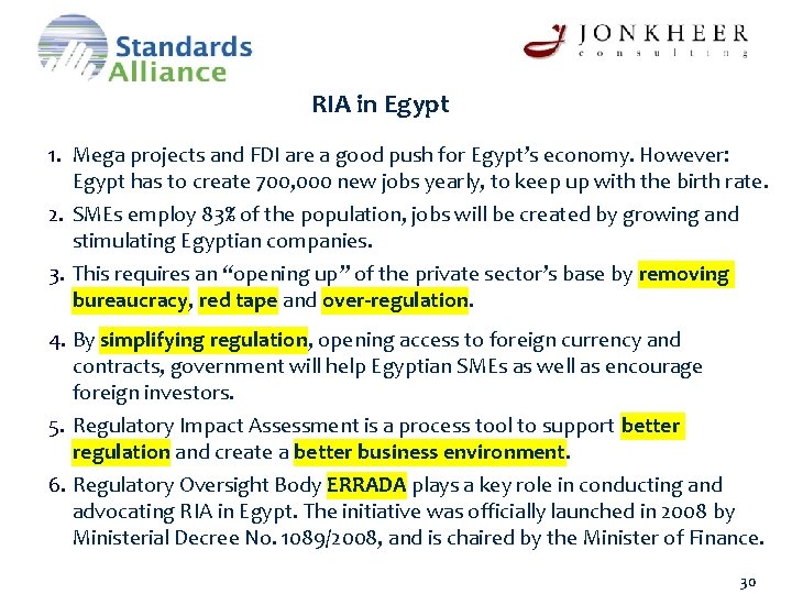 RIA in Egypt 1. Mega projects and FDI are a good push for Egypt’s