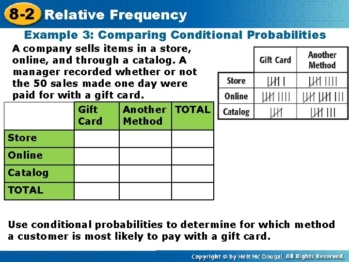 8 -2 Relative Frequency Example 3: Comparing Conditional Probabilities A company sells items in