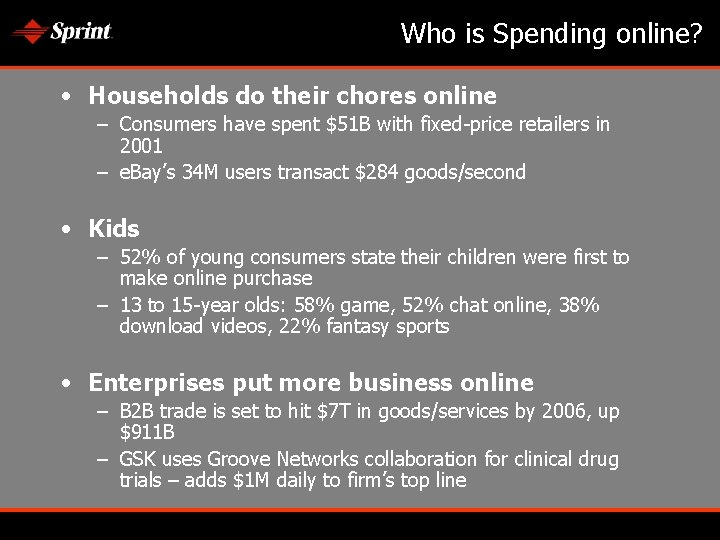 Who is Spending online? • Households do their chores online – Consumers have spent