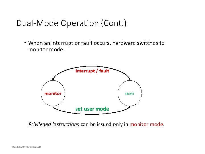 Dual-Mode Operation (Cont. ) • When an interrupt or fault occurs, hardware switches to Dual-Mode Operation (Cont. ) • When an interrupt or fault occurs, hardware switches to