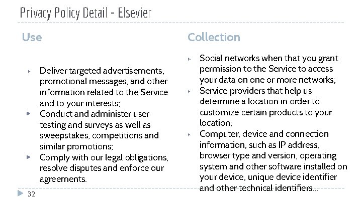 Privacy Policy Detail - Elsevier Use Collection ▶ ▶ 32 Deliver targeted advertisements, promotional