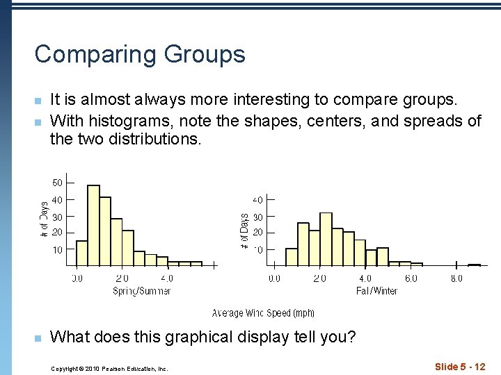 Comparing Groups n It is almost always more interesting to compare groups. With histograms,