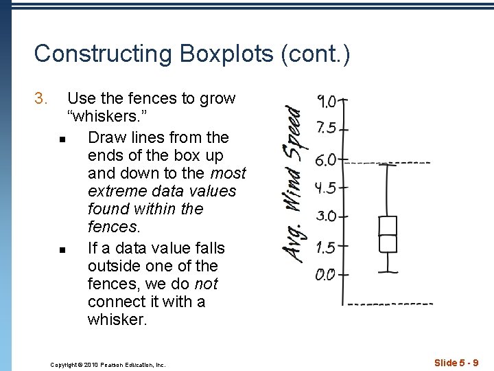 Constructing Boxplots (cont. ) 3. Use the fences to grow “whiskers. ” n Draw