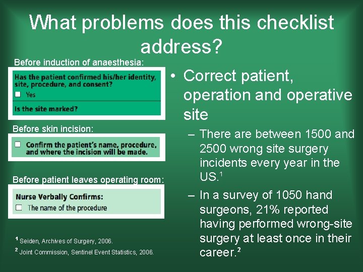 What problems does this checklist address? Before induction of anaesthesia: Before skin incision: Before