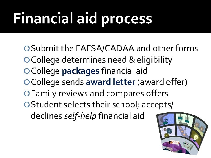 Financial aid process Submit the FAFSA/CADAA and other forms College determines need & eligibility