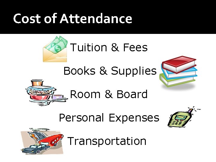 Cost of Attendance Tuition & Fees Books & Supplies Room & Board Personal Expenses