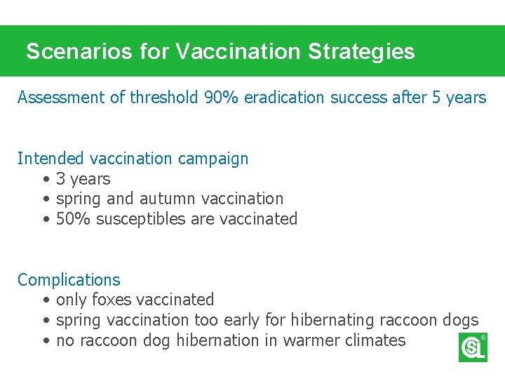 Scenarios for Vaccination Strategies Assessment of threshold 90% eradication success after 5 years Intended