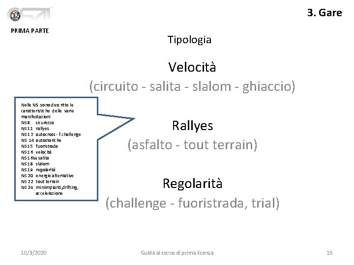 3. Gare PRIMA PARTE Tipologia Velocità (circuito - salita - slalom - ghiaccio) Nelle
