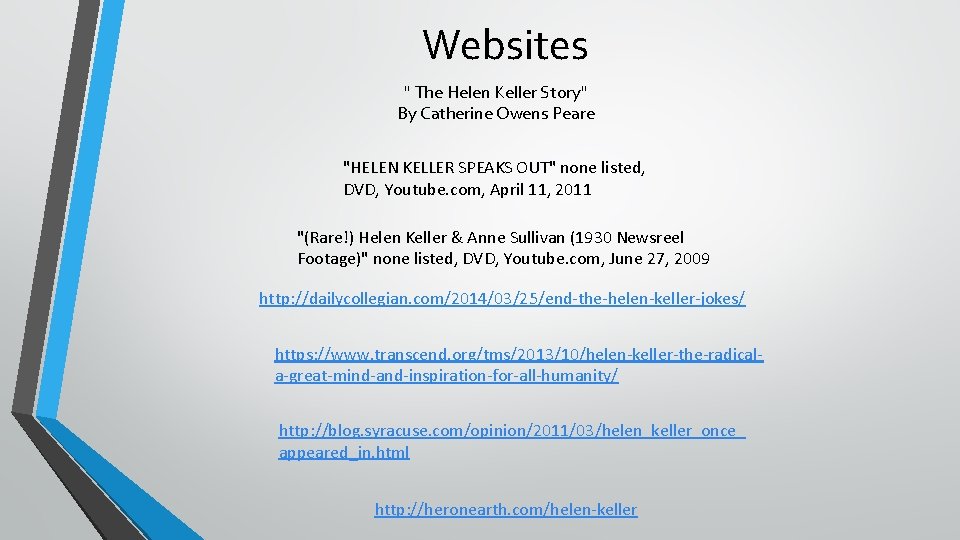 Websites " The Helen Keller Story" By Catherine Owens Peare "HELEN KELLER SPEAKS OUT"