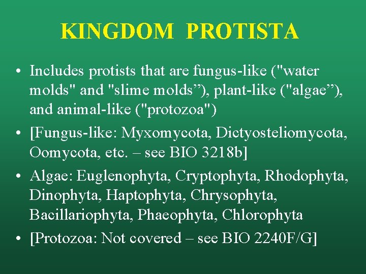 KINGDOM PROTISTA • Includes protists that are fungus-like ("water molds" and "slime molds”), plant-like