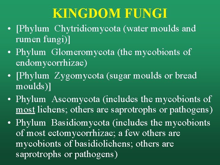 KINGDOM FUNGI • [Phylum Chytridiomycota (water moulds and rumen fungi)] • Phylum Glomeromycota (the