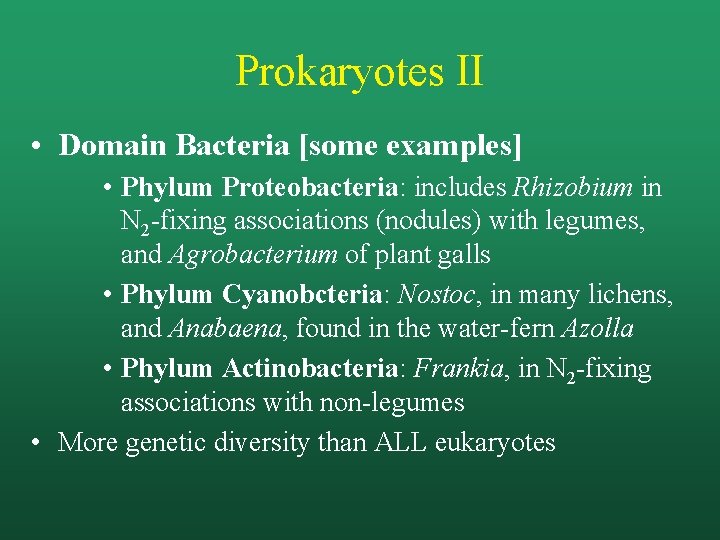 Prokaryotes II • Domain Bacteria [some examples] • Phylum Proteobacteria: includes Rhizobium in N