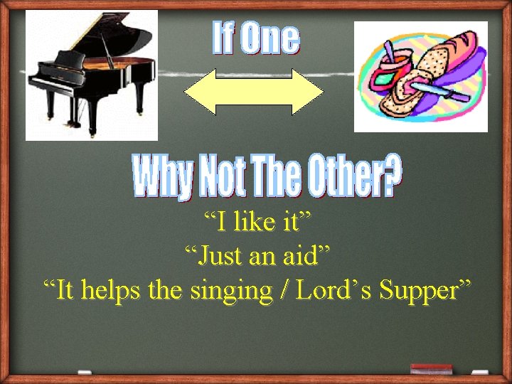 “I like it” “Just an aid” “It helps the singing / Lord’s Supper” 