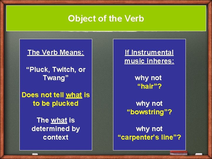 Object of the Verb The Verb Means: “Pluck, Twitch, or Twang” Does not tell