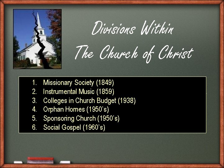 Divisions Within The Church of Christ 1. 2. 3. 4. 5. 6. Missionary Society