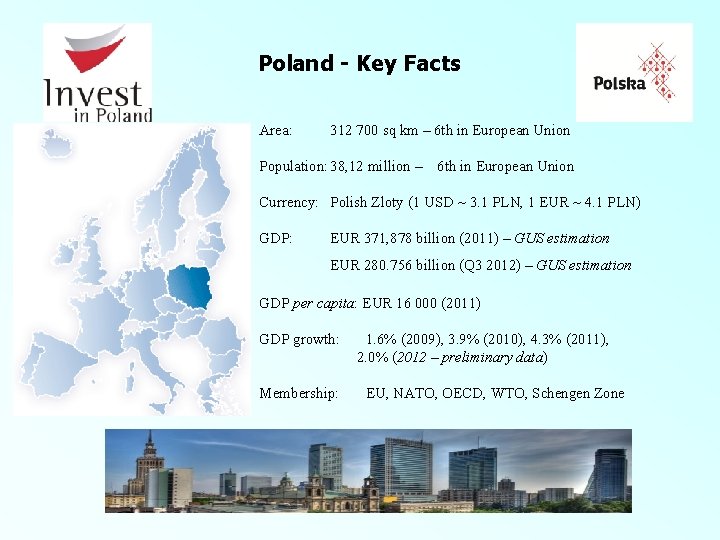 Poland - Key Facts Area: 312 700 sq km – 6 th in European